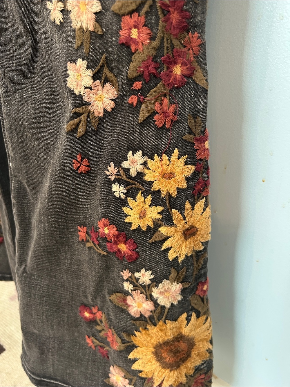 Free People Driftwood Black Embroidered Floral Sun Flower Denim Jumpsuit - Picture 9 of 9